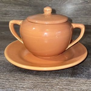 COPY - BAUER Pottery USA Orange Ceramic Sugar Bowl Lid Plate LA